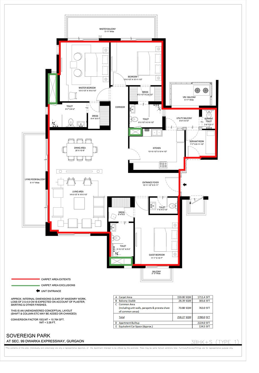 Vatika Sovereign Park 3 BHK + Study (Type 1) floor plan