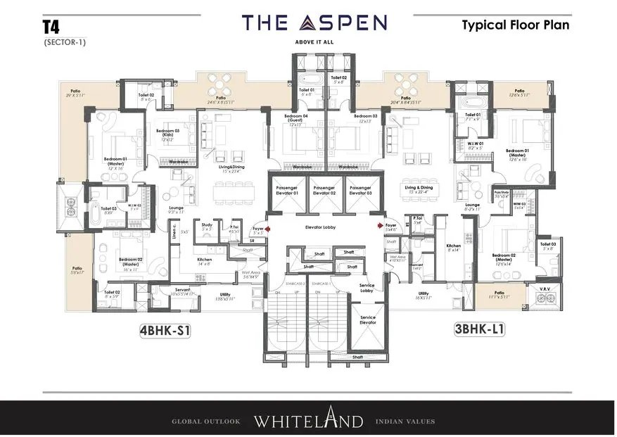 Whiteland The Aspen Typical floor - 4 BHK-S1 and 3 BHK-L1 floor plan