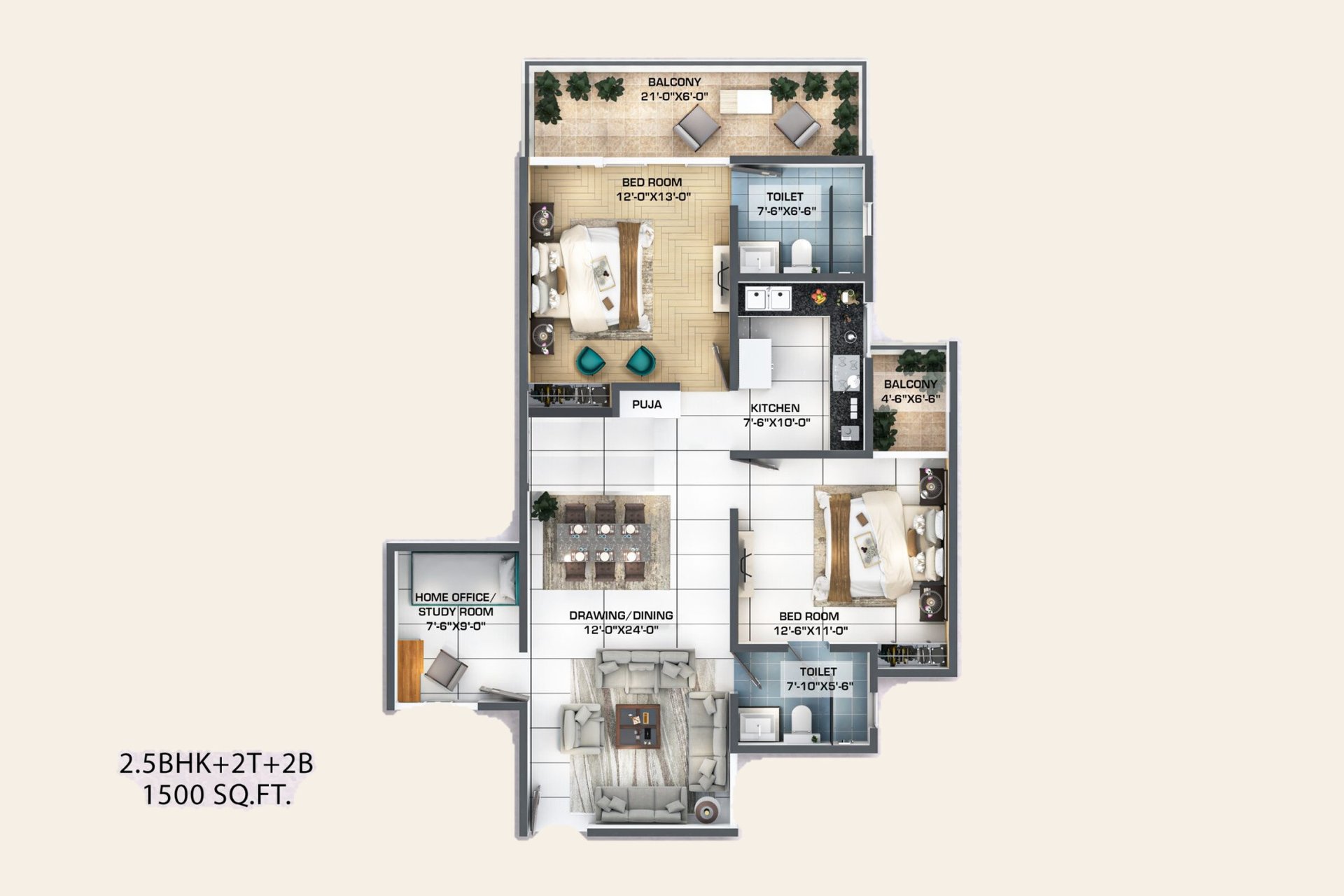 Windlass River Valley Kaveri 2.5 BHK + 2T: floor plan