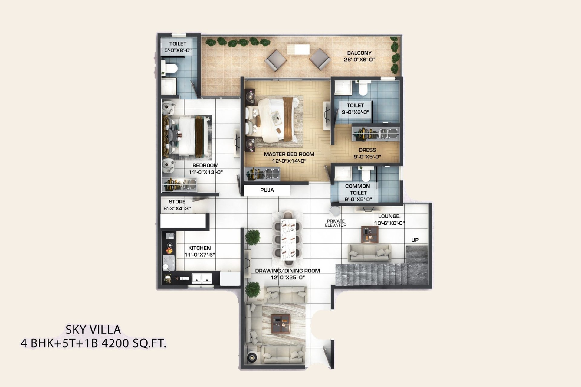 Windlass River Valley Sky Villa 4 BHK, lower level: floor plan