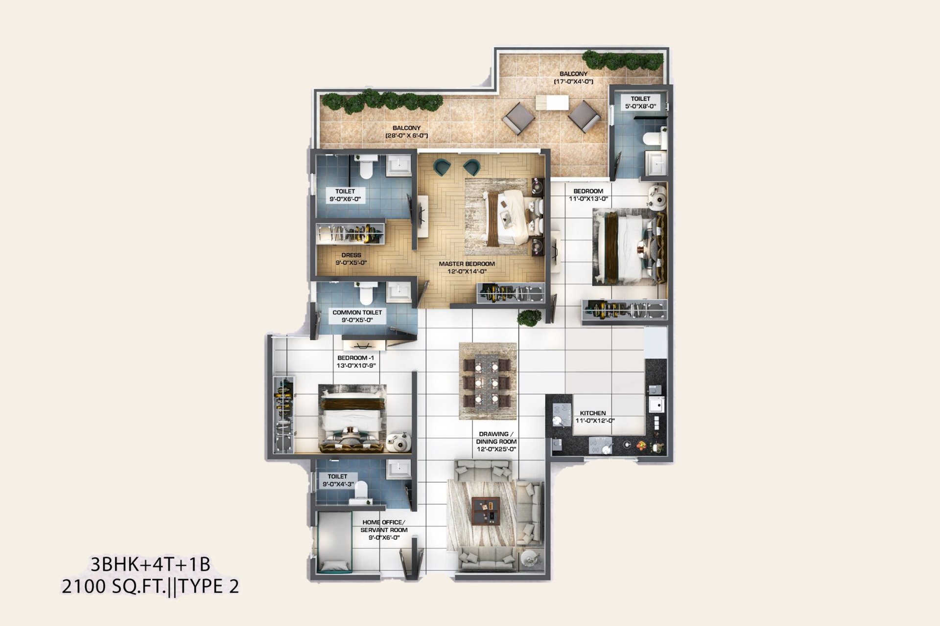 Windlass River Valley Kaveri 3 BHK + 4T, Type 2: floor plan