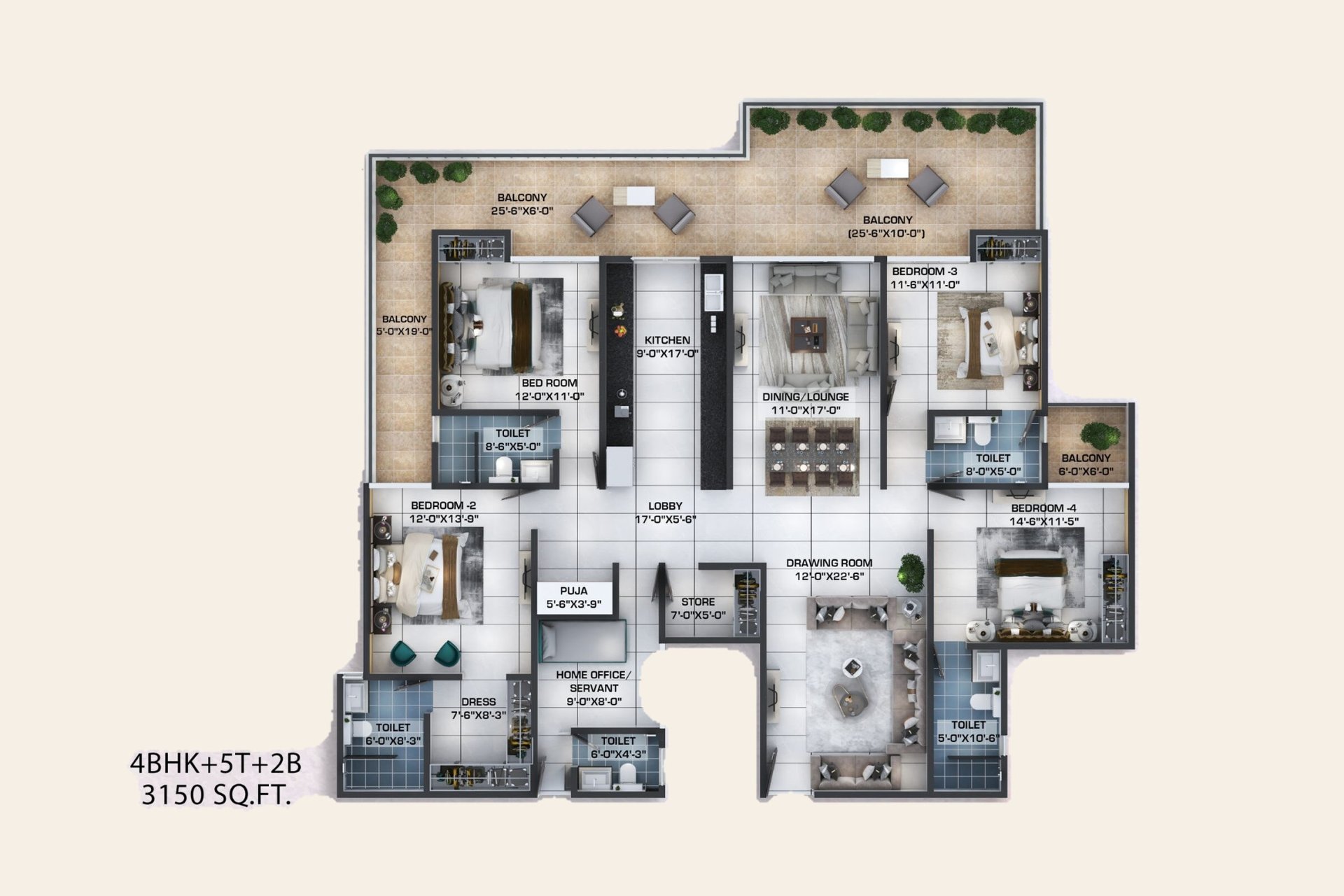 Windlass River Valley Kaveri 4 BHK + 5T: floor plan