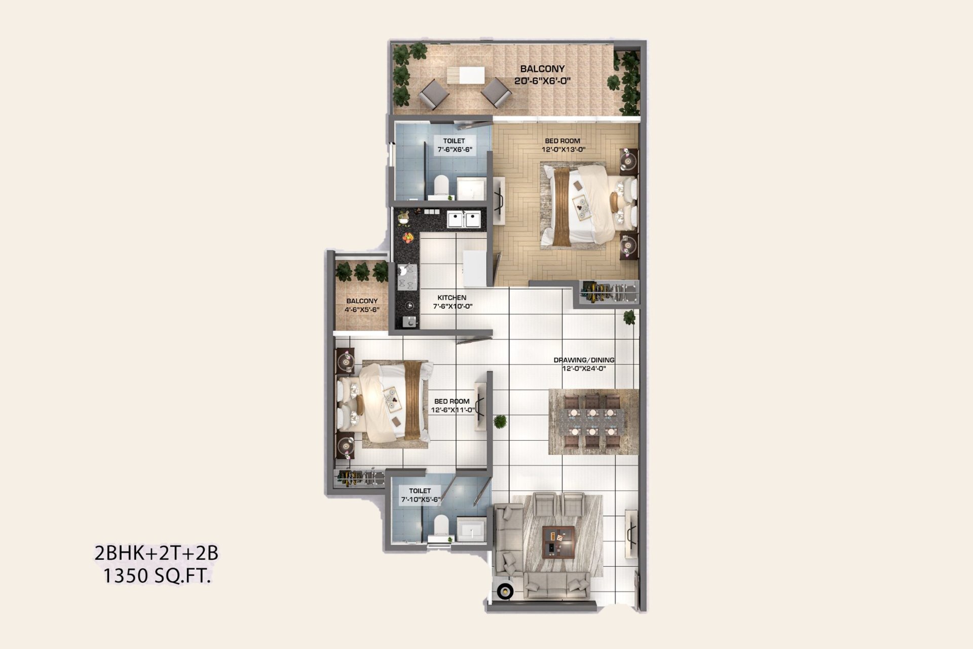 Windlass River Valley Kaveri 2 BHK + 2T: floor plan