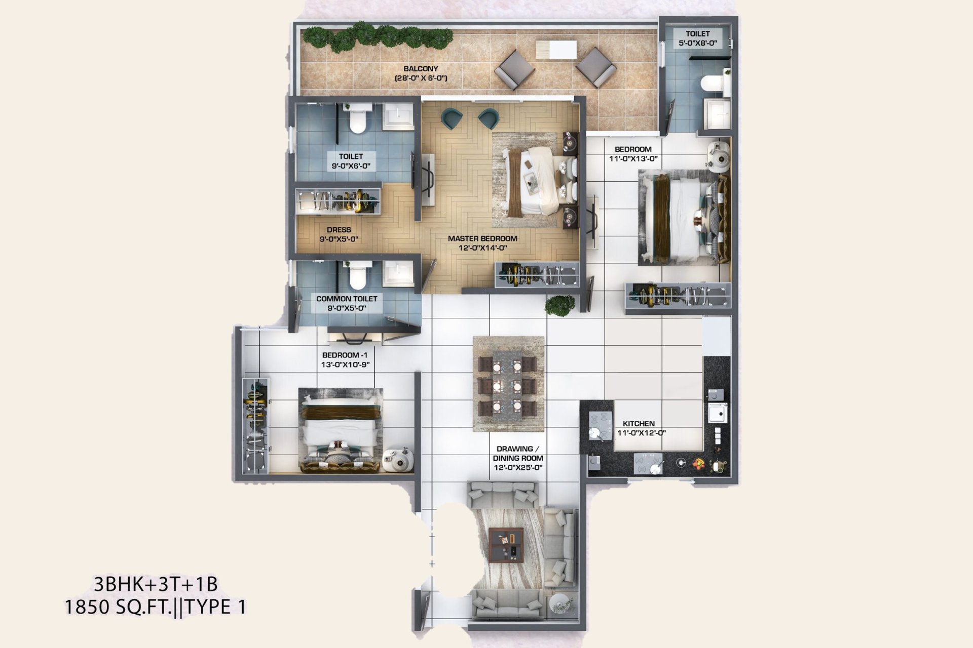 Windlass River Valley Kaveri 3 BHK + 3T, Type 1: floor plan